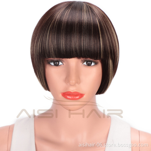Aisi Hair Short Straight Bob Wigs Heat Resistant Synthetic Fiber Brown Blonde  Mixed Colors Short Bob Wigs with Neat Bangs